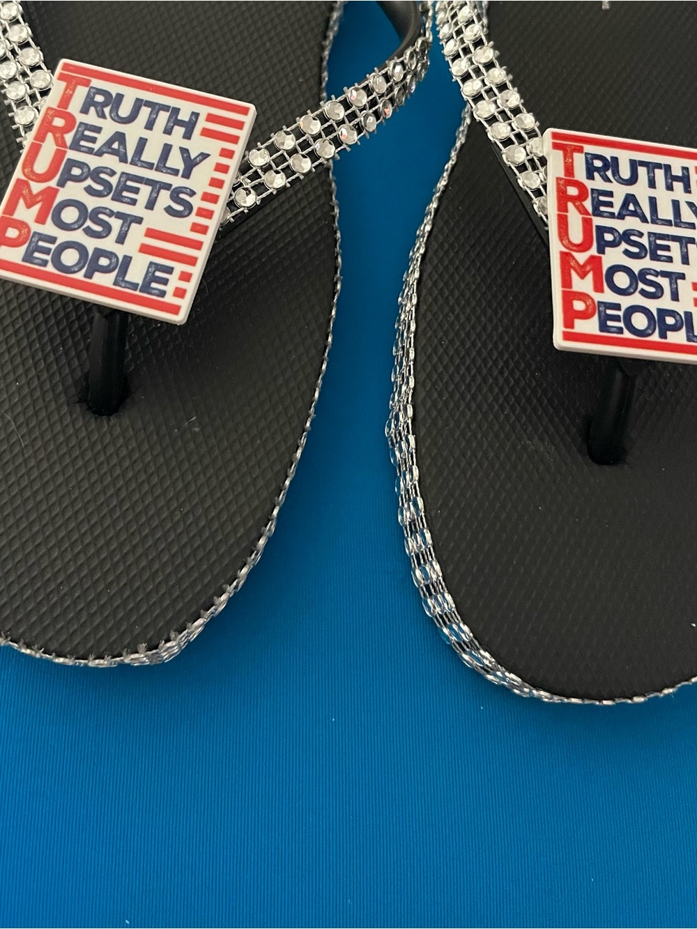 Embellished Black Rhinestone Flip Flops with Patriotic Statement Charm